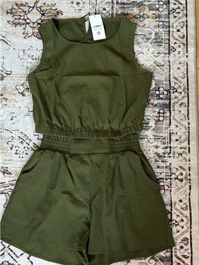 A New Day Olive Green Sleeveless Romper with Smocked Waist